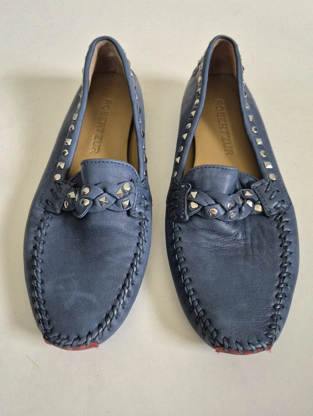 Robert Zur Shoes Blue Leather Studded Twisted Galaxy Loafer Size 8.5